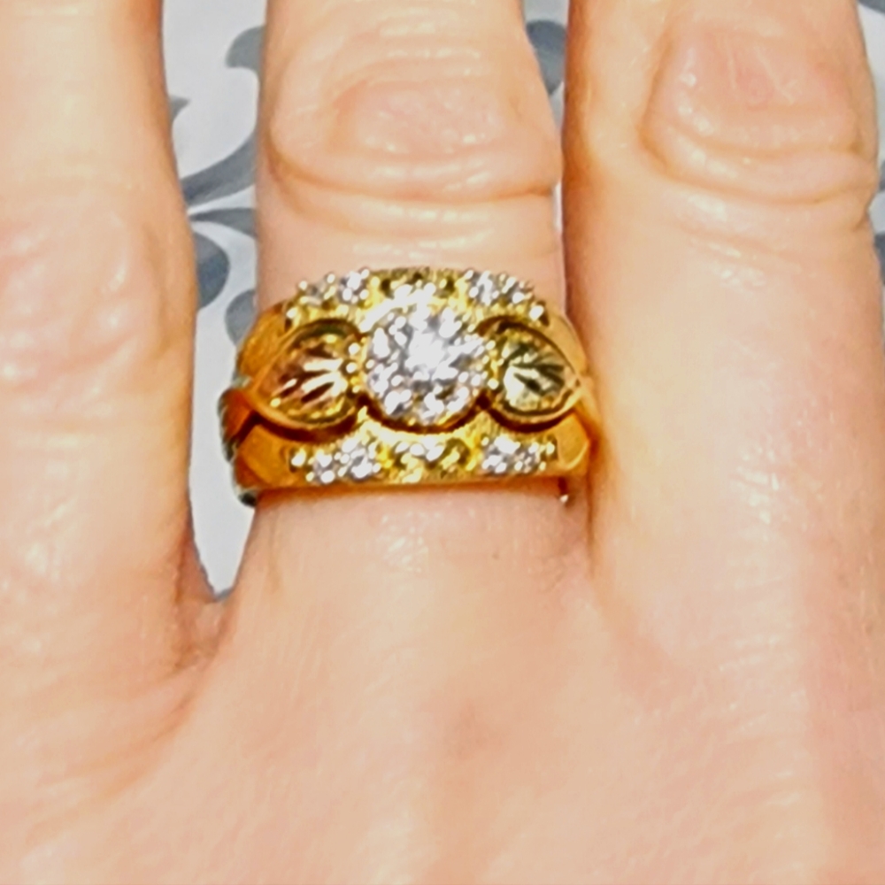 Black hills gold engagement ring with anniversary and wedding band